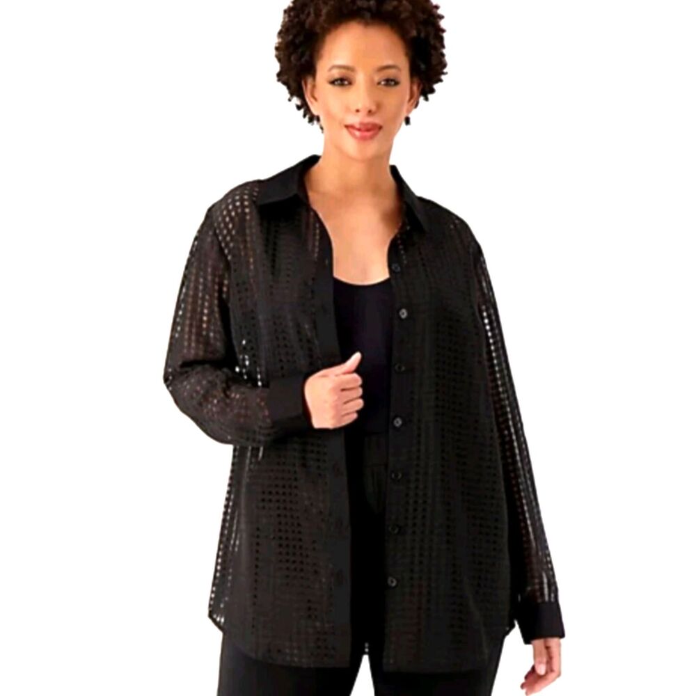 GIRL with CURVES Tonal Gingham Button-Front Shirt True Black Artsy Lagenlook XL